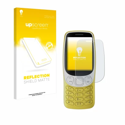 Face avant d’un emballage produit avec le logo de la marque upscreen. À côté, l’appareil Nokia 3210 est représenté avec la pro
