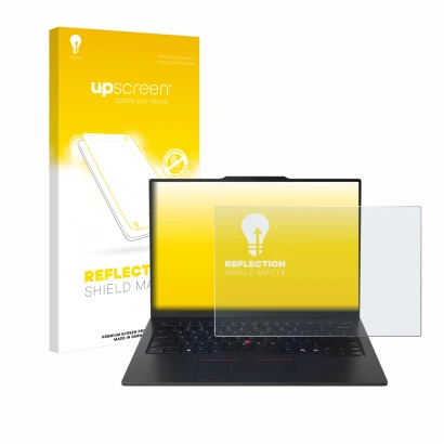 Face avant d’un emballage produit avec le logo de la marque upscreen. À côté, l’appareil Lenovo ThinkPad X1 Carbon Gen 13 14