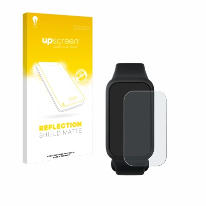 Face avant d’un emballage produit avec le logo de la marque upscreen. À côté, l’appareil Xiaomi Smart Band 9 Active est représ