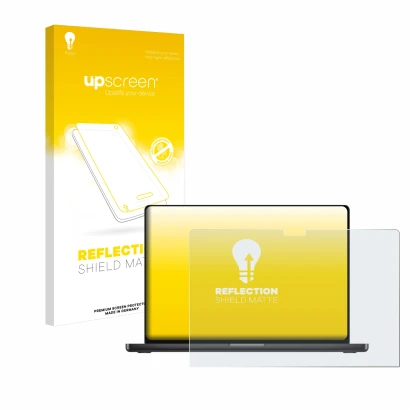 Face avant d’un emballage produit avec le logo de la marque upscreen. À côté, l’appareil Apple MacBook Pro 16