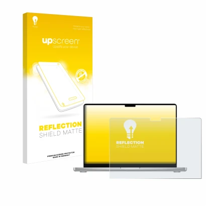 Face avant d’un emballage produit avec le logo de la marque upscreen. À côté, l’appareil Apple MacBook Pro 14" 2024 M4 est rep