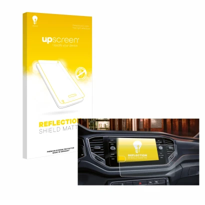 Face avant d’un emballage produit avec le logo de la marque upscreen. À côté, l’appareil Volkswagen Touran 2.0 Discover Media 