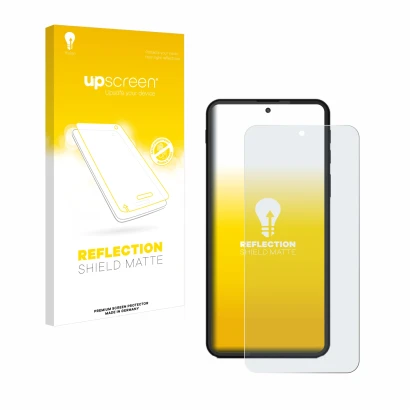 Face avant d’un emballage produit avec le logo de la marque upscreen. À côté, l’appareil Shiftphones Shiftphone 8.1 est représ