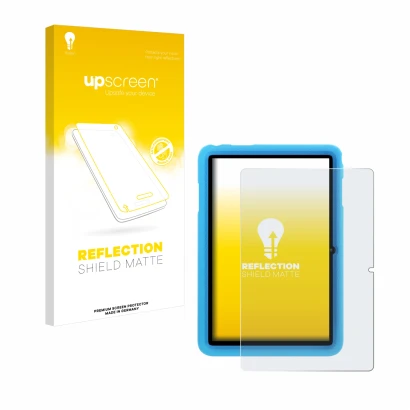 Face avant d’un emballage produit avec le logo de la marque upscreen. À côté, l’appareil Blackview Tab 8 Kids est représenté a