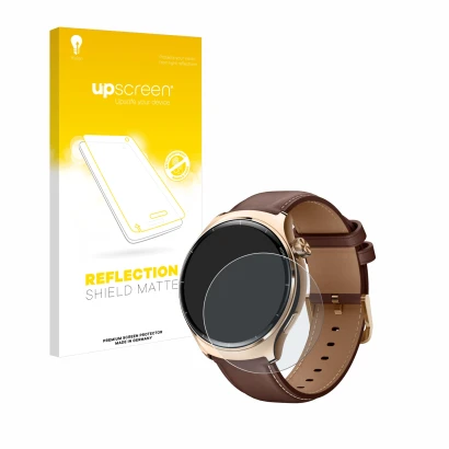 Face avant d’un emballage produit avec le logo de la marque upscreen. À côté, l’appareil Xiaomi Mibro Lite 3 Pro est représent