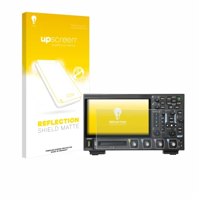 Face avant d’un emballage produit avec le logo de la marque upscreen. À côté, l’appareil Rigol DHO914 est représenté avec la p
