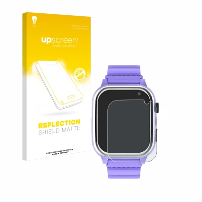 Face avant d’un emballage produit avec le logo de la marque upscreen. À côté, l’appareil Jubunrer Kids Smartwatch est représen