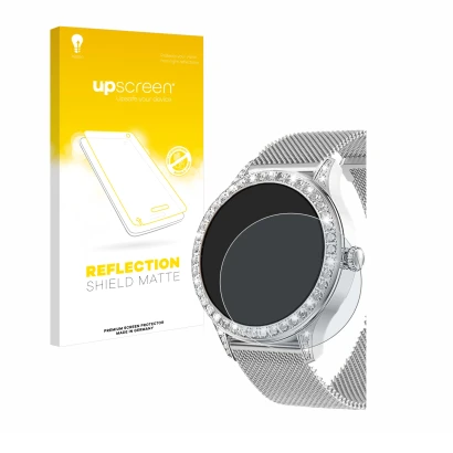 Face avant d’un emballage produit avec le logo de la marque upscreen. À côté, l’appareil Powerwill Smartwatch 1.27" est représ