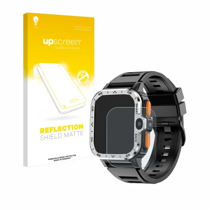 Face avant d’un emballage produit avec le logo de la marque upscreen. À côté, l’appareil HS Smartwatch 2" est représenté avec 