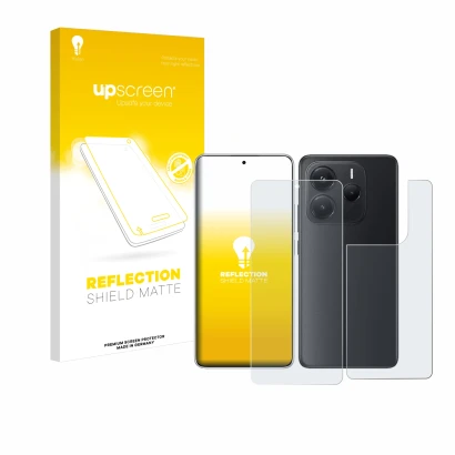 Face avant d’un emballage produit avec le logo de la marque upscreen. À côté, l’appareil Xiaomi Redmi Note 14 (Avant+Arrière) 