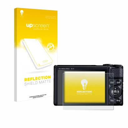 Face avant d’un emballage produit avec le logo de la marque upscreen. À côté, l’appareil Canon PowerShot SX740 HS Lite est rep