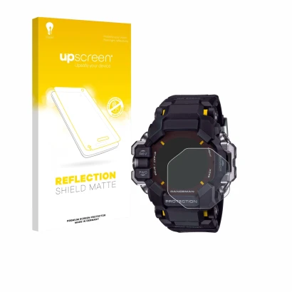 Face avant d’un emballage produit avec le logo de la marque upscreen. À côté, l’appareil Casio G-Shock GPR-H 1000 est représen