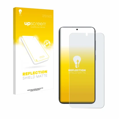 Face avant d’un emballage produit avec le logo de la marque upscreen. À côté, l’appareil Samsung Galaxy S25 Plus est représent