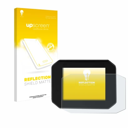 Face avant d’un emballage produit avec le logo de la marque upscreen. À côté, l’appareil Moto Guzzi Stelvio 2024 est représent