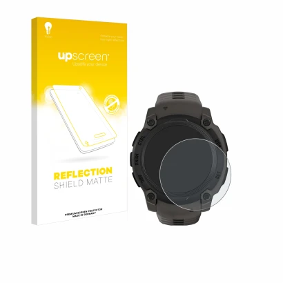 Face avant d’un emballage produit avec le logo de la marque upscreen. À côté, l’appareil Garmin Instinct E (40 mm) est représe