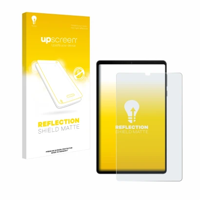 Face avant d’un emballage produit avec le logo de la marque upscreen. À côté, l’appareil Lenovo Legion Tab Gen 3 est représent