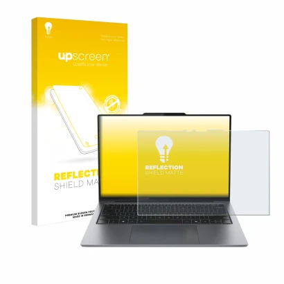 Face avant d’un emballage produit avec le logo de la marque upscreen. À côté, l’appareil Lenovo ThinkPad X9 15 Aura Edition 15