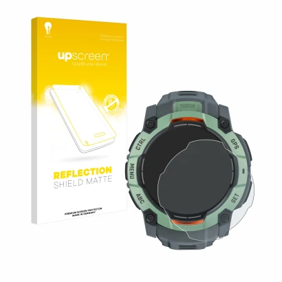 Face avant d’un emballage produit avec le logo de la marque upscreen. À côté, l’appareil Garmin Instinct 3 AMOLED (45 mm) est 