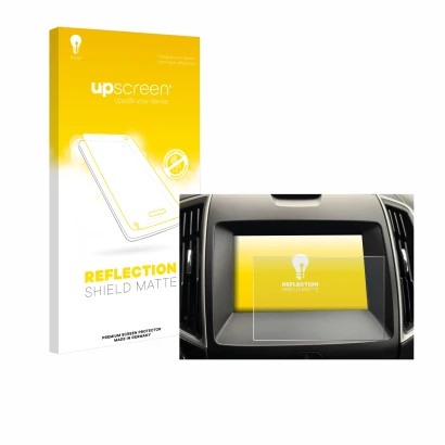 Face avant d’un emballage produit avec le logo de la marque upscreen. À côté, l’appareil Ford Galaxy Infotainment Sync 3 (2019