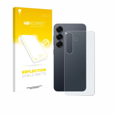 Face avant d’un emballage produit avec le logo de la marque upscreen. À côté, l’appareil Samsung Galaxy S25 (Arrière) est repr
