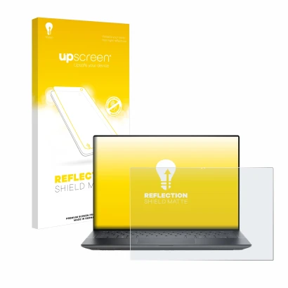 Face avant d’un emballage produit avec le logo de la marque upscreen. À côté, l’appareil Dell Precision 5490 Workstation est r