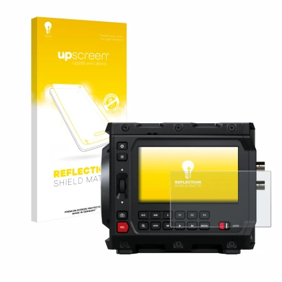 Face avant d’un emballage produit avec le logo de la marque upscreen. À côté, l’appareil Blackmagic Design Pyxis 6K 4" est rep