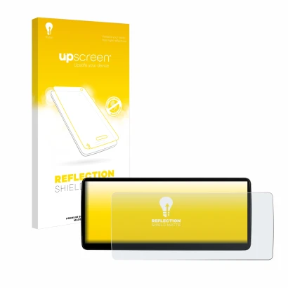 Face avant d’un emballage produit avec le logo de la marque upscreen. À côté, l’appareil Xtrons QLB22X3UNL 12,3" est représent