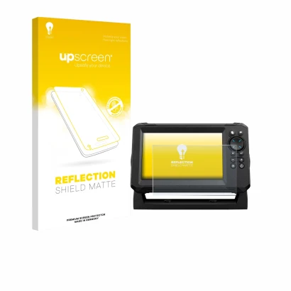 Face avant d’un emballage produit avec le logo de la marque upscreen. À côté, l’appareil Lowrance Eagle 7 est représenté avec