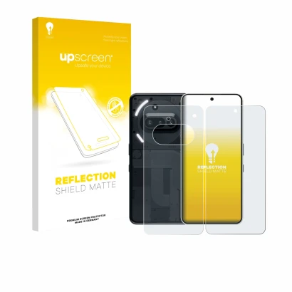 Face avant d’un emballage produit avec le logo de la marque upscreen. À côté, l’appareil Nothing Phone (3a) (Avant+Arrière) es
