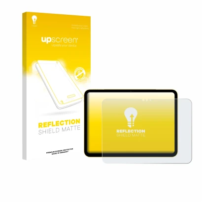 Face avant d’un emballage produit avec le logo de la marque upscreen. À côté, l’appareil Apple iPad Air 11