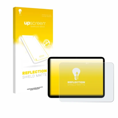 Face avant d’un emballage produit avec le logo de la marque upscreen. À côté, l’appareil Apple iPad A16 11" WiFi 2025 (11ème G