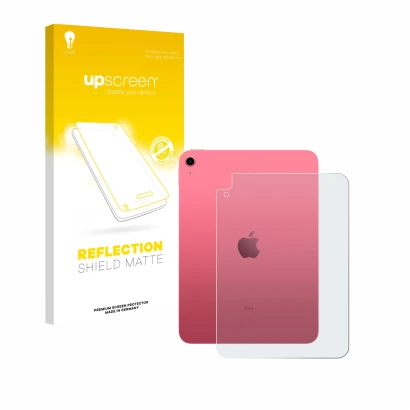 Face avant d’un emballage produit avec le logo de la marque upscreen. À côté, l’appareil Apple iPad A16 11" 2025 (Arrière, 11è