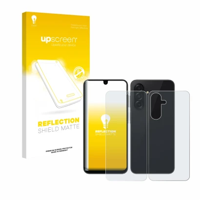 Face avant d’un emballage produit avec le logo de la marque upscreen. À côté, l’appareil Samsung Galaxy A26 5G (Avant+Arrière)