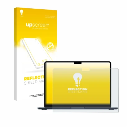 Face avant d’un emballage produit avec le logo de la marque upscreen. À côté, l’appareil Apple MacBook Air 13" M4 2025 est rep