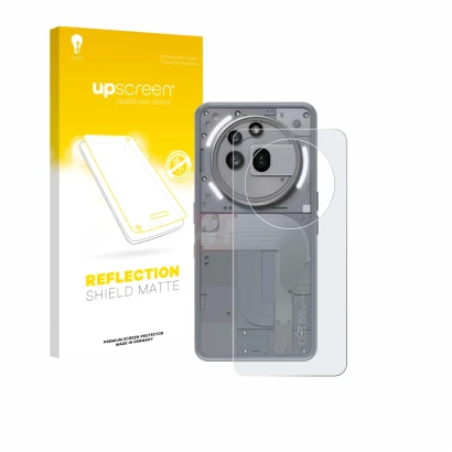 Face avant d’un emballage produit avec le logo de la marque upscreen. À côté, l’appareil Nothing Phone (3a) Pro (Arrière) est