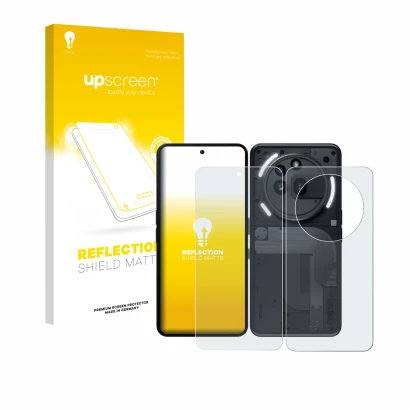 Face avant d’un emballage produit avec le logo de la marque upscreen. À côté, l’appareil Nothing Phone (3a) Pro (Avant+Arrière