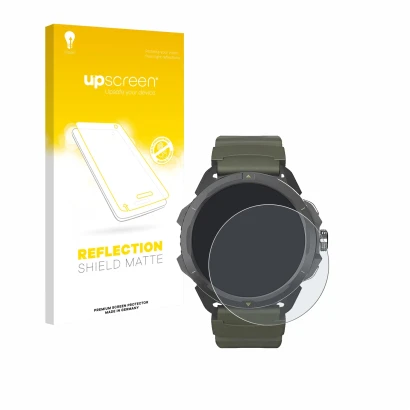 Face avant d’un emballage produit avec le logo de la marque upscreen. À côté, l’appareil Hammer Watch 2 Military Edition est r