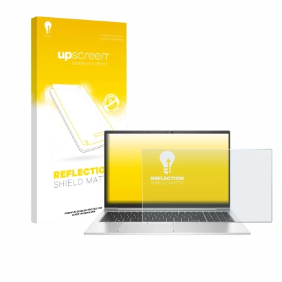 Face avant d’un emballage produit avec le logo de la marque upscreen. À côté, l’appareil HP EliteBook 855 G8 est représenté av
