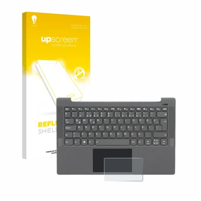 Face avant d’un emballage produit avec le logo de la marque upscreen. À côté, l’appareil Lenovo IdeaPad 5 14ALC05 Touchpad est