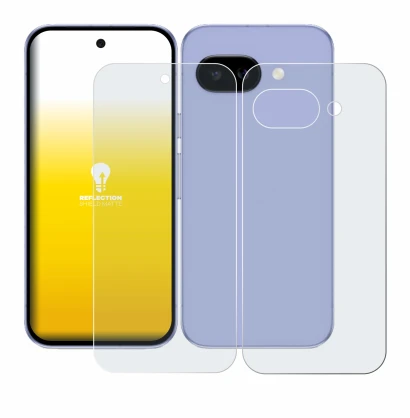 Image de l'appareil Google Pixel 9a (Avant+Arrière) avec une grande variété de protections d'écran.