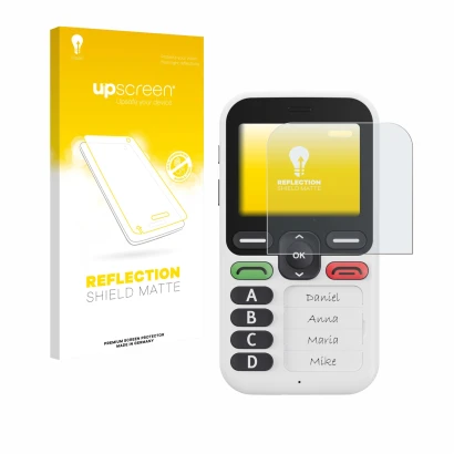Face avant d’un emballage produit avec le logo de la marque upscreen. À côté, l’appareil Doro Leva X10 est représenté avec la 