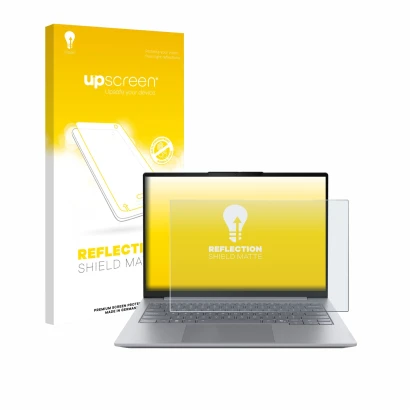 Face avant d’un emballage produit avec le logo de la marque upscreen. À côté, l’appareil Lenovo ThinkBook 14 Gen 8 est représe