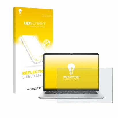 Face avant d’un emballage produit avec le logo de la marque upscreen. À côté, l’appareil Dell Pro 14 Plus PB14250 est représen