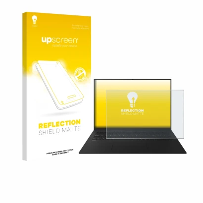 Face avant d’un emballage produit avec le logo de la marque upscreen. À côté, l’appareil LG gram 17" 2025 est représenté avec 