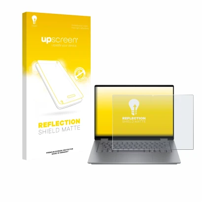 Face avant d’un emballage produit avec le logo de la marque upscreen. À côté, l’appareil HP OmniBook X Flip 14 est représenté 