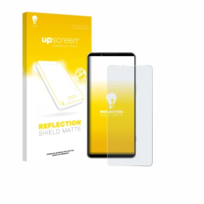 Face avant d’un emballage produit avec le logo de la marque upscreen. À côté, l’appareil Sony Xperia 1 VII est représenté avec