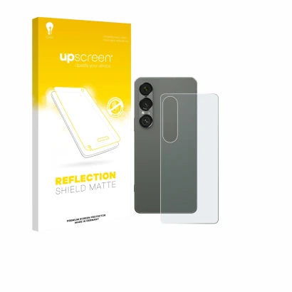Face avant d’un emballage produit avec le logo de la marque upscreen. À côté, l’appareil Sony Xperia 1 VII (Arrière) est repré