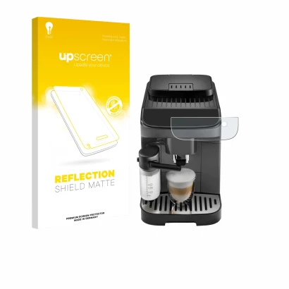 Face avant d’un emballage produit avec le logo de la marque upscreen. À côté, l’appareil DeLonghi Magnifica Evo est représenté