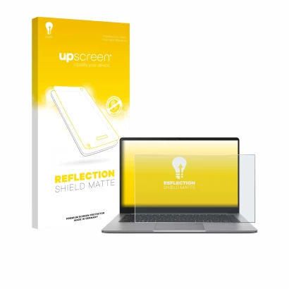 Face avant d’un emballage produit avec le logo de la marque upscreen. À côté, l’appareil ASUS ExpertBook P1 P1403 est représen