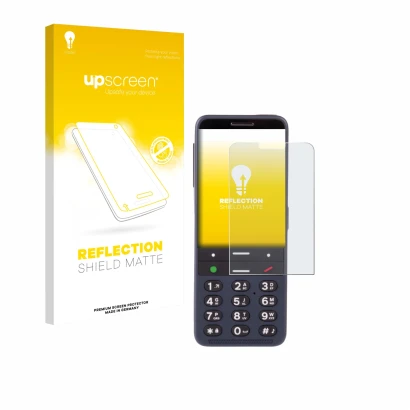 Face avant d’un emballage produit avec le logo de la marque upscreen. À côté, l’appareil BlindShell Classic 3 est représenté a